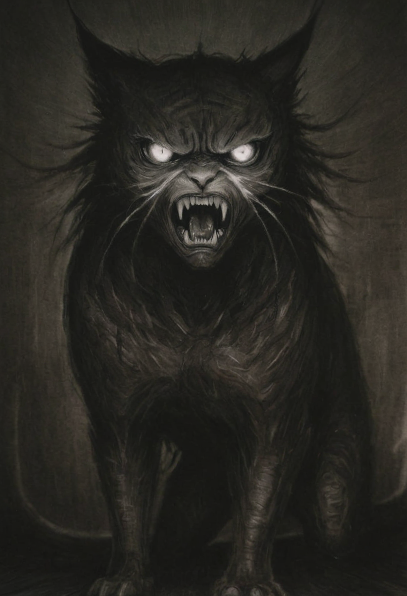 monoxxdr4ws, A dark, monochromatic drawing depicting a terrifying feline creature with an angry expression and glowing eyes, in a shadowy setting