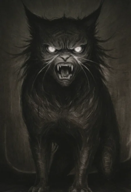 monoxxdr4ws, A dark, monochromatic drawing depicting a terrifying feline creature with an angry expression and glowing eyes, in a shadowy setting