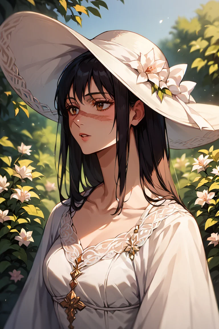 <lora:utahime_iori_jjk_xl:1>, score_9,score_8_up,score_7_up,score_6_up,utahime jjk, 1girl,solo,upper body, scar on face, long hair, brown eyes,black hair,parted lips ,outdoors,Vintage dress and a vintage hat