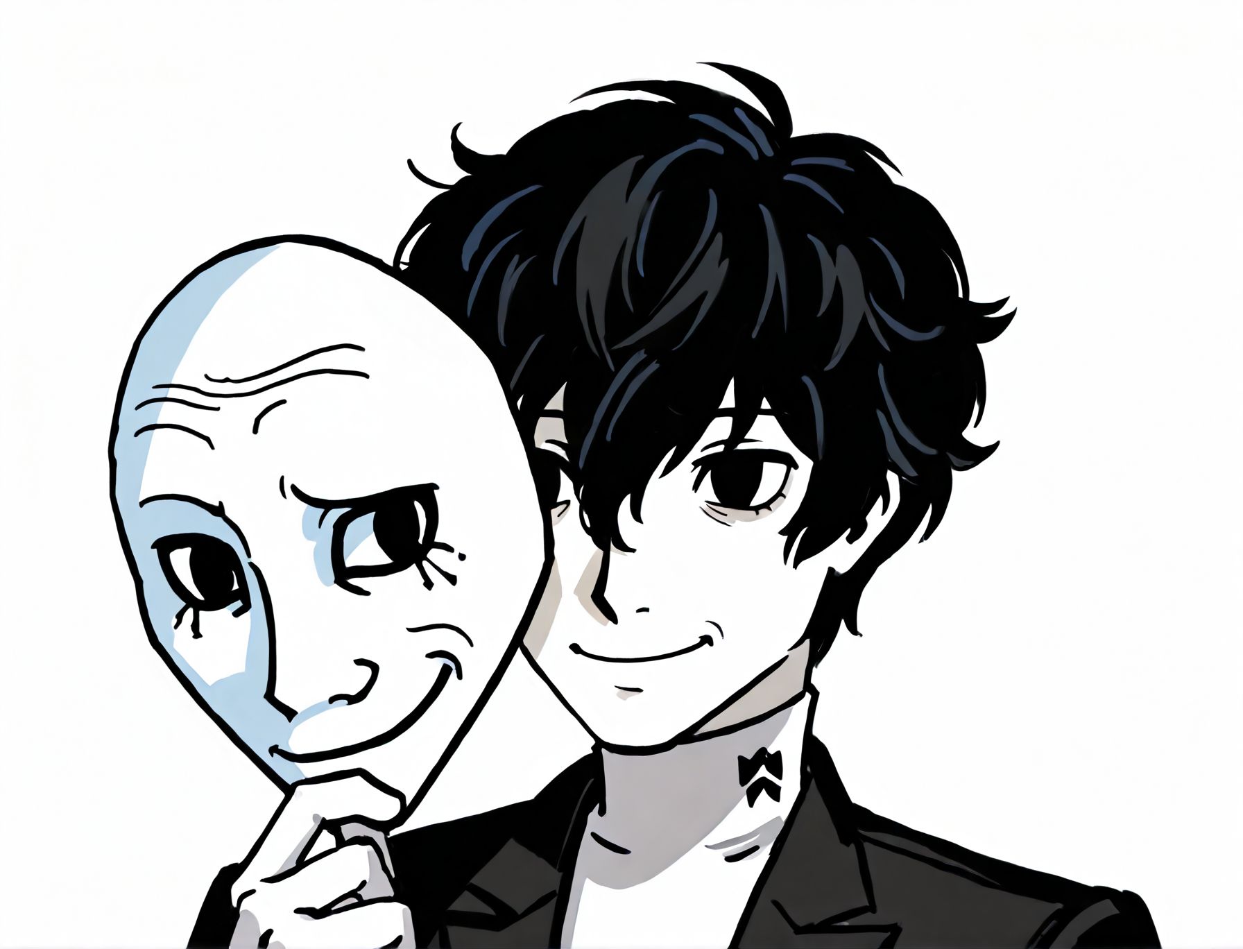 toon \(style\), 2d,
<lora:Wojak_style:1.1>Wojak style,
1boy,solo,holding mask, male focus, 
mask,holding,smile,
wojak mask,  under wojack mask,holding mask,
Wojak style,  
amamiya ren, black hair, 
persona 5, 
white background, simple background, 
white skin,ugly man,