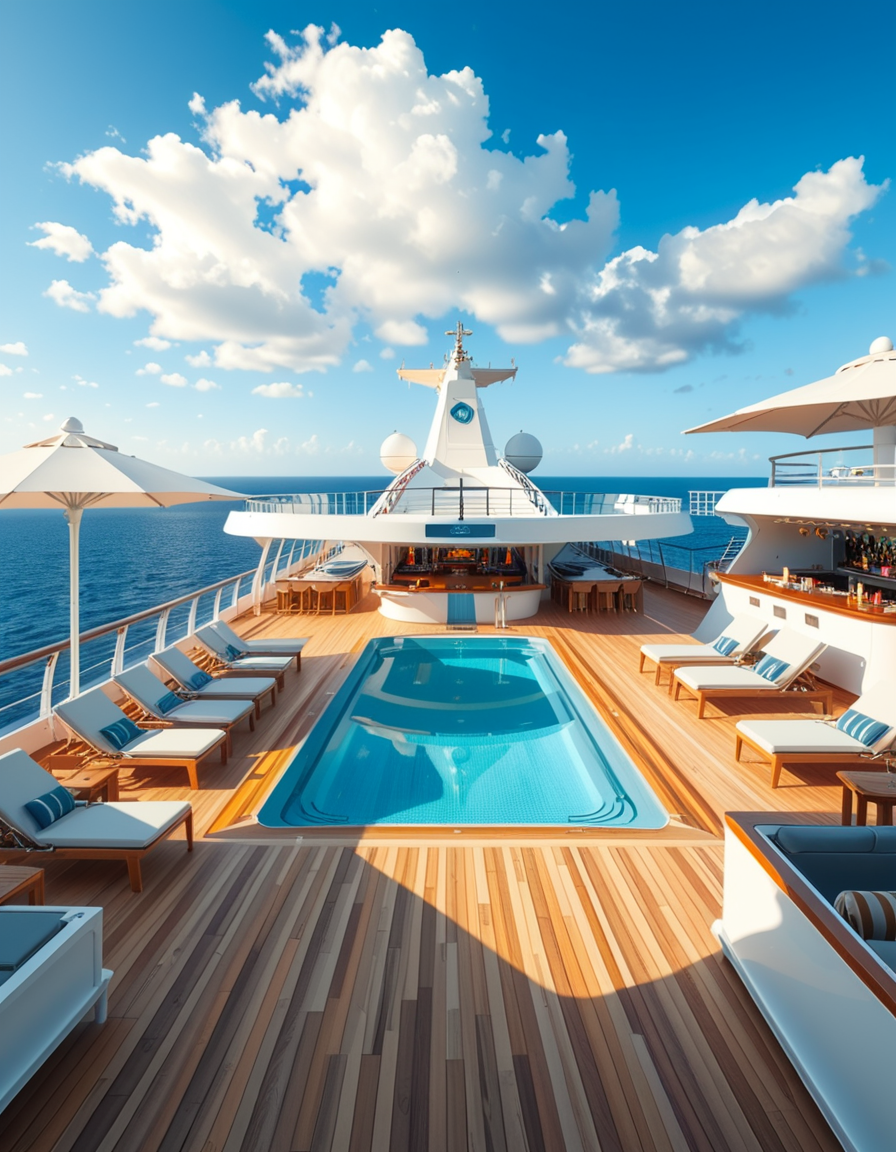 A wide, high-resolution view of the upper deck of a modern luxury cruise ship, completely empty of people. The deck features a clean, polished teak wood floor and sleek white railings along the edges. Several neatly arranged lounge chairs line both sides, with large white parasols providing shade. In the center of the deck, a crystal-clear swimming pool reflects the blue sky, with no one in or around it. To one side, a stylish bar area with a curved canopy stands closed, with colorful bottles and barstools neatly arranged. The background reveals the endless ocean meeting the horizon, under a bright, cloud-speckled blue sky. The lighting is natural daylight, casting soft shadows and highlighting the modern, serene, and luxurious ambiance of the cruise ship deck. No signs of human presence â everything is pristine, calm, and ready for guests.
<lora:SDXLFaeTastic2400:0.4> <lora:extremely_detailed:0.4> extremely detailed,<lora:luxury_cru1s3_sh1p:1>,luxury cru1s3 sh1p, Masterpiece,best quality,hi res,8k,hi res,8k,award winning,(sharp focus, intricate, highly detailed),