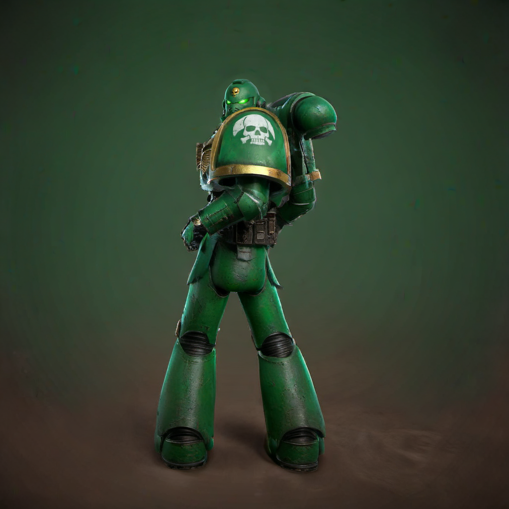 a green spacemarine robot, looking over his shoulder, dust, skulls <lora:SpaceMarine1024:0.8>