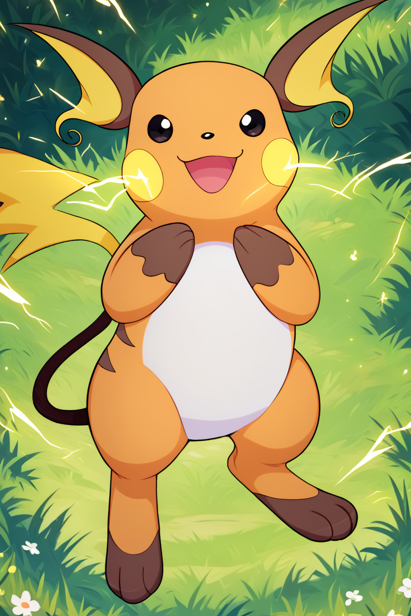 score_9, score_8_up, score_8,  ,,, , ,,, zzRaichu, looking at viewer, smile, open mouth, standing, full body, :d, outdoors, black eyes, grass, electricity,  ,<lora:RaichuPokedexPDXL:1.0>,  ,,,, BREAK, <lora:Afrobull_PDXL_v5:0.8>,  ,,, BREAK, smile, looking at viewer, closed mouth, cowboy shot,  ,,, embedding:zPDXL, Expressiveh, ,,, <lora:SDXLFaeTastic2400:0.5>, <lora:Expressive_H-000001:0.4>,