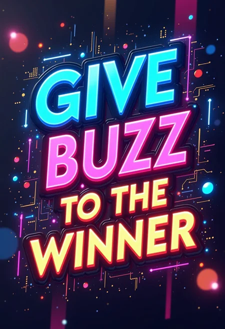 âA vibrant, high-tech banner with a futuristic, cyberpunk aesthetic. The text âGIVE BUZz TO THE WINNERâ is prominently displayed in bold, glowing, multicolor typography. The background features a sleek digital interface with neon lights, holographic elements, and circuit-like patterns. The design should have a dynamic, energetic feel, evoking excitement and competition. Use a mix of electric blues, neon pinks, purples, and gold for a striking, eye-catching effect.â