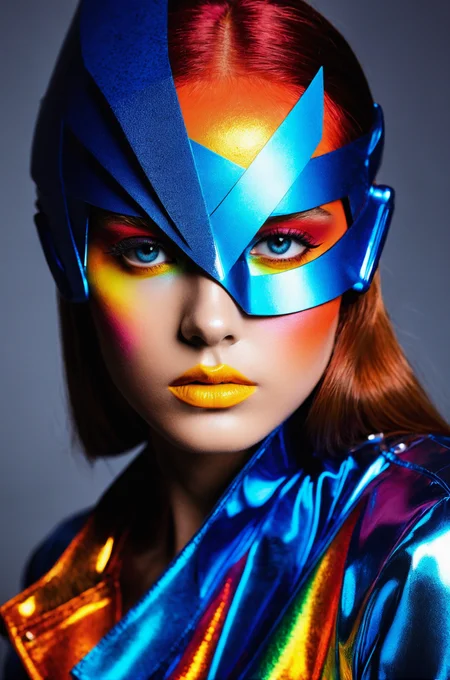Fashion photography, young female model, avant-garde style, bold makeup, striking pose, intense gaze, colorful, creative wardrobe, metallic textures, futuristic fashion, close-up shot, vibrant contrasting colors, dramatic lighting,