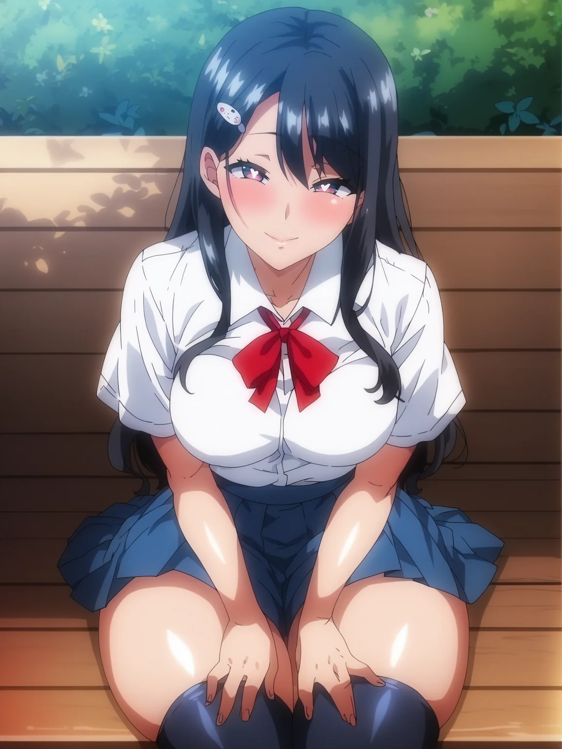 score_9, score_8_up, score_7_up, score_6_up, source_anime, girl sitting in a bench, hands on thighs, long black hair, school uniform, skirt, black thighhighs, cute hair ornament, bright pupils, blush, medium breasts, narrow waist, wide hips, thick thighs, looking at viewer, cowboy shot, dynamic pose, cute, wide shot, solo, sexually suggestive, naughty face, blush,
<lora:ATRex_style:1>, TRexStudio, anime screencap,