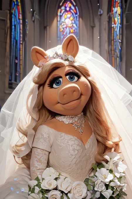 score_9,  score_8_up, score_7_up, score_6_up, 1girl, solo, blue eyes, miss piggy, closed mouth, long hair, wedding dress, looking at viewer, upper body
a woman in a church, stained glass
<lora:Miss_Piggy_Pony-10:.8>