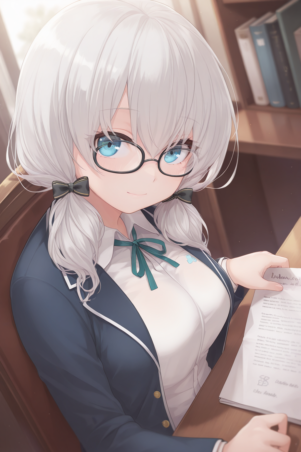 1girl, AA4thHairstyle, AA4thCostume,
general, solo, perspective, dynamic angle, upper body,
short hair, grey hair, low twintails,
blue eyes, eyelashes, large breasts,
black-framed eyewear, hair bow,
blue jacket,
green bowtie, white shirt,
light smile, sitting, note,
desk,
depth of field,
<lora:kp_ArsAlmalNijisanjiIllustrious_v1_1:1.0>,
masterpiece, best quality, amazing quality