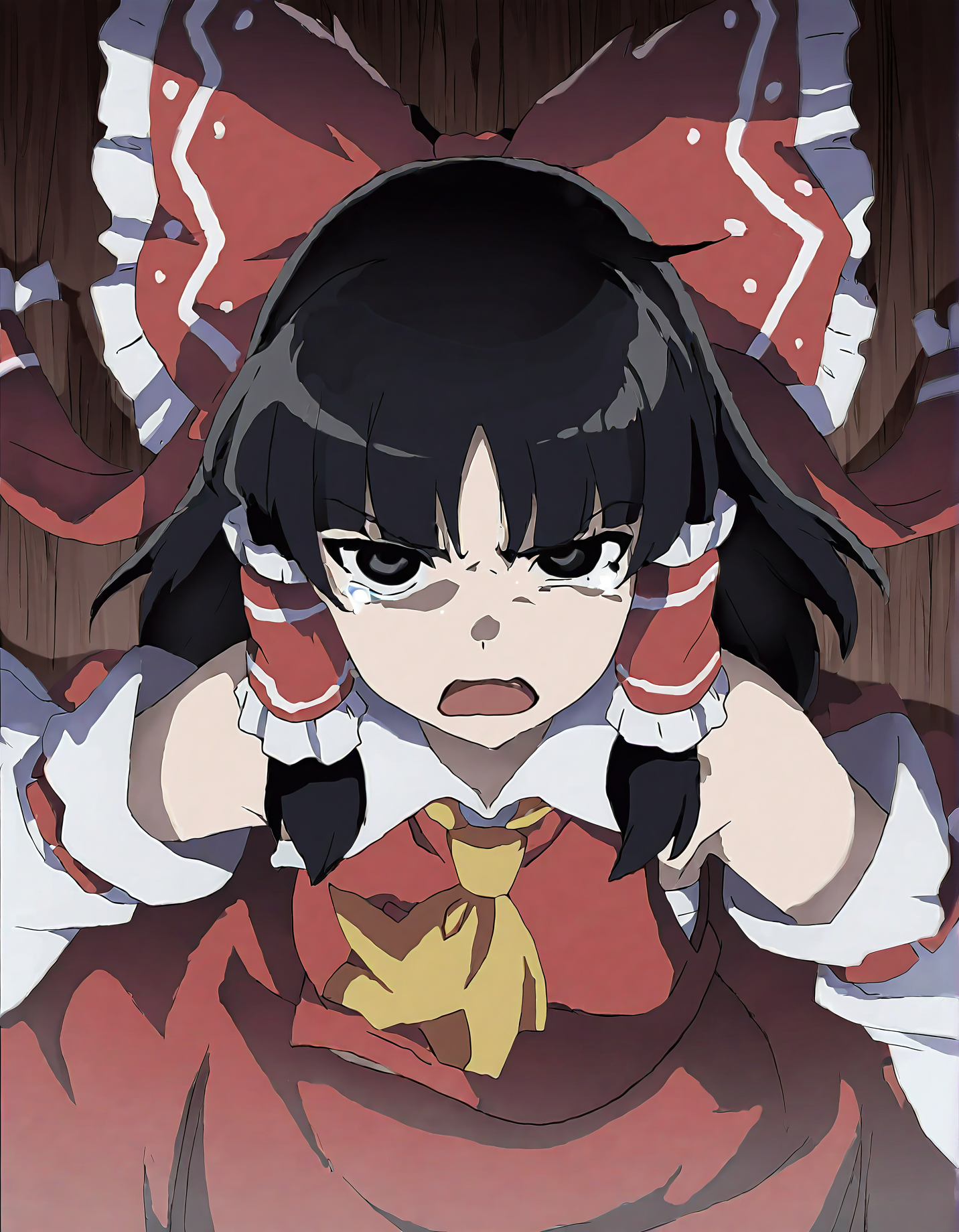 memoriesofphantasm, 1girl, hakurei reimu, solo, bow, hair bow, black hair, detached sleeves, sensitive, red bow, hair tubes, anime coloring, ascot, sarashi, black eyes, tears, parody
very awa, masterpiece, best quality, year 2024, newest, highres, absurdres, <lora:memories-of-phantasm-style-noobai-vpred10:1>