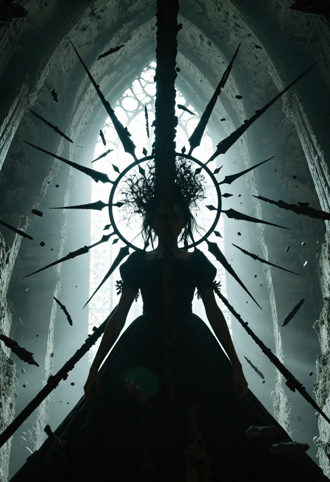illustration depicting 1girl mcgee's alice madness returns in a surreal environment with gothic cathedral ruins and shards of stained glass made of lines floating through the air. She is wielding a glowing greatsword, swinging it at hordes of creatures crawling in the dark. Dark environment teeming with monsters, creatures and demonic beings. The blade's glow is the main light source. The grimdark scenery is accentuated by an eerie red-pink light shining from above contrasting against the teal-cyan from below forming a gradient. Chequered textures and geometric patterns are intertwined with the biomorphic and organic surfaces.