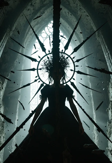 illustration depicting 1girl mcgee's alice madness returns in a surreal environment with gothic cathedral ruins and shards of stained glass made of lines floating through the air. She is wielding a glowing greatsword, swinging it at hordes of creatures crawling in the dark. Dark environment teeming with monsters, creatures and demonic beings. The blade's glow is the main light source. The grimdark scenery is accentuated by an eerie red-pink light shining from above contrasting against the teal-cyan from below forming a gradient. Chequered textures and geometric patterns are intertwined with the biomorphic and organic surfaces.