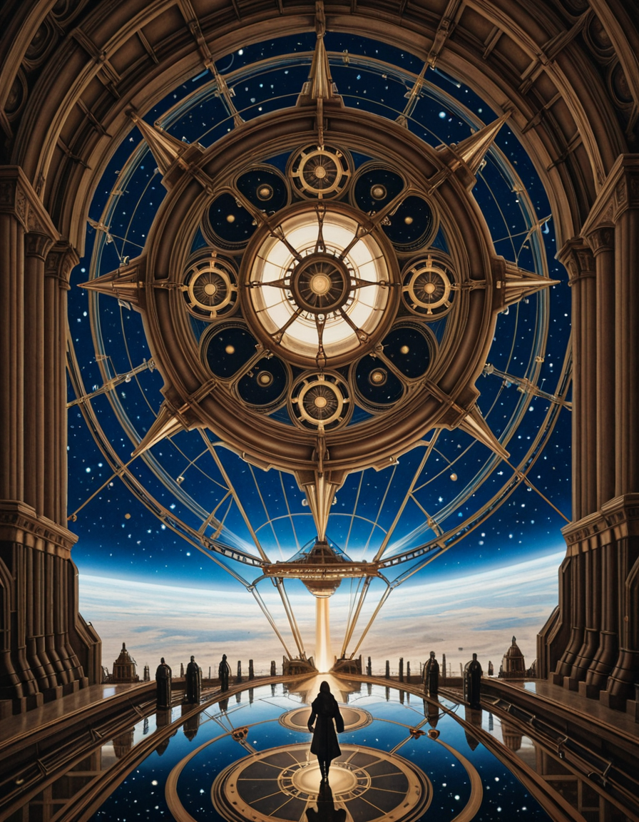 A surreal, steampunk-style painting in the style of JarosÅaw Jasnikowski, depicting a colossal, gothic-mechanical spaceship drifting through the vastness of space. The ship is inhabited by the remnants of humanity, fully transformed into biomechanical cyborgs. The vessel is an ornate fusion of cathedral-like architecture and industrial machinery: bronze towers, rotating gears, stained glass panels glowing with alien light, and massive turbines spinning slowly in zero gravity. Cyborg figures walk along the outer hull, tethered by glowing cables, maintaining the vessel as it glides through a star-filled void. Their bodies are a blend of flesh and complex mechanical systemsâcogs, tubes, exposed circuitry, and metallic limbsâall designed in an absurd, baroque fashion. The backdrop is a deep cosmic expanse with nebulas, stars, and shattered planetary fragments floating around. The lighting is dramatic, with reflections bouncing off polished metal surfaces, casting surreal, elongated shadows. The scene conveys both grandeur and loneliness, emphasizing the transformation of humanity into a forgotten, drifting civilization. The atmosphere is deeply symbolic, with Jasnikowskiâs signature distorted perspective and dreamlike, metaphysical tone.<lora:SDXLFaeTastic2400:0.4> <lora:extremely_detailed:0.4> extremely detailed,,JarosÅaw J4sn1k0wsk1  <lora:JarosÅaw_J4sn1k0wsk1:1>, Masterpiece,best quality,hi res,8k,hi res,8k,award winning,(sharp focus, intricate, highly detailed),