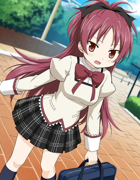 masterpiece, best quality, newest, absurdres, highres, safe, 1girl, sakura kyoko \(school uniform\), magia record: mahou shoujo madoka magica gaiden, kneehighs, solo, outdoors, dutch angle, <lora:sakura_kyoko_noobaiXLNAIXL_vPred10Version:0.7>