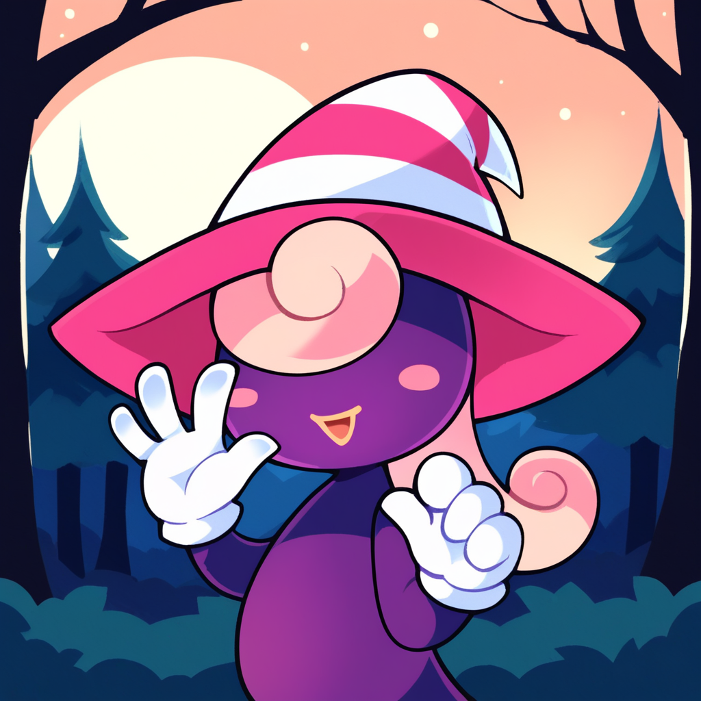 score_9, score_8_up, score_7_up, score_6_up, source_anime, best quality, night, orange sky, forest, trees, full moon, BREAK 1girl, solo, vivian_(\paper_mario\), purple body, pink hat, witch hat, gloves, ghost, pink hair, long hair, no eyes, no legs, smile, open mouth, looking at viewer, waving, portrait, close up, <lora:PDXL_Vivian_PM:1>
