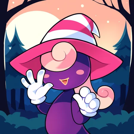 score_9, score_8_up, score_7_up, score_6_up, source_anime, best quality, night, orange sky, forest, trees, full moon, BREAK 1girl, solo, vivian_(\paper_mario\), purple body, pink hat, witch hat, gloves, ghost, pink hair, long hair, no eyes, no legs, smile, open mouth, looking at viewer, waving, portrait, close up, <lora:PDXL_Vivian_PM:1>