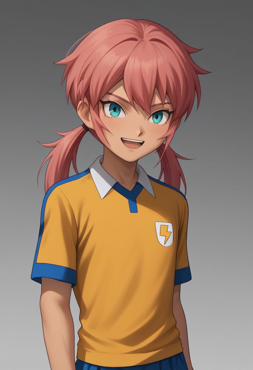 score_9, score_8_up, score_7_up, source_anime, highly detailed, 1boy, solo, male_focus, skinny, slender, cute, 
gabi_ina, male focus, 1boy, solo, raimon, raimon soccer uniform, twintails, soccer uniform, sportswear, pink hair, upper body, lightning bolt symbol, long hair, aqua eyes, simple background, open mouth, smile,
