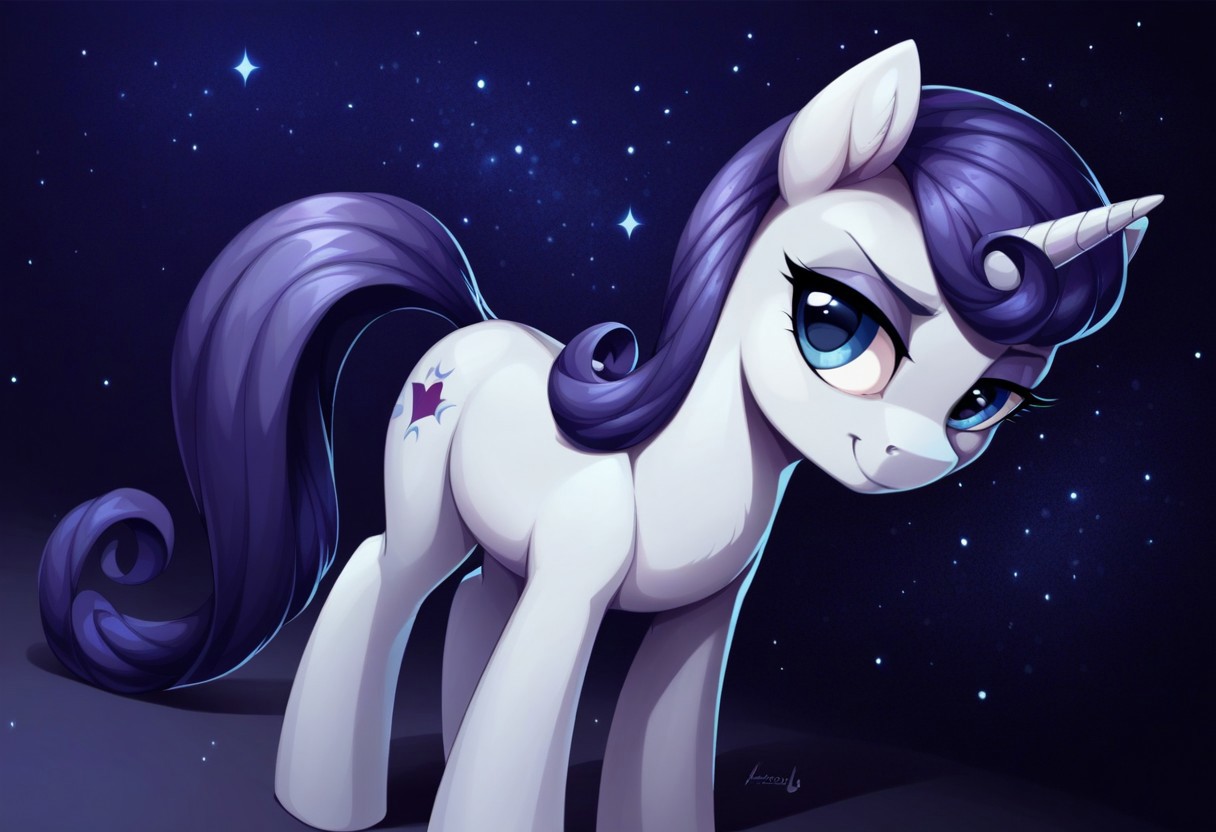 safe_pos, score_9,score_8_up,score_7_up,score_6_up,score_5_up,score_4_up,my little pony,((feral pony)),1girl,((solo)),(sexy),beautifully detailed,(detailed cute pony face),((detailed blue starry background:1.5)),((woman)),high angle,(cute smile:1),((up-close))  1girl,((solo)),(sexy),
body lavender
mane and tail deep purple-blue
eyelids shiny purple-blue
eyebrows deep purple-blue
eyes moderately yellow
horn Platinum
unicorn
Moonlight Raven 
