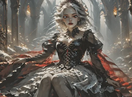 score_9, score_8_up, score_7_up, Environmental scene, character off to side, sitting in repose enjoying the view, woman, pale skin, large breasts, <lora:sm0k3XLP:1>, <lora:goth_clothes:1>, vampire dress, black details, red lining, Black hair, white highlights, <lora:_sdxl-gaming-pony:1>, <lora:vivid_everclear:1>,