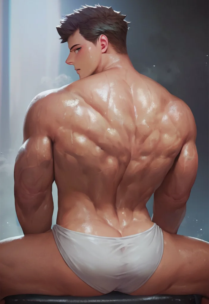male focus, muscular, 1boy, sitting, ass, muscular back, spread legs, looking back BREAK score_9, score_8_up, score_7_up, score_6_up, score_5_up, score_4_up <lora:penguin-14:1>