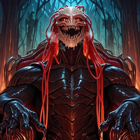 masterpiece, best quality, 1boy, male focus, solo, GixMTG, phyrexian, colored sclera, glowing eyes, armored skin, red cord hair, monster, teeth, claws, inside a ruined laboratory, heavy breathing, body coated in black glistening oil, sitting in chair, upper body