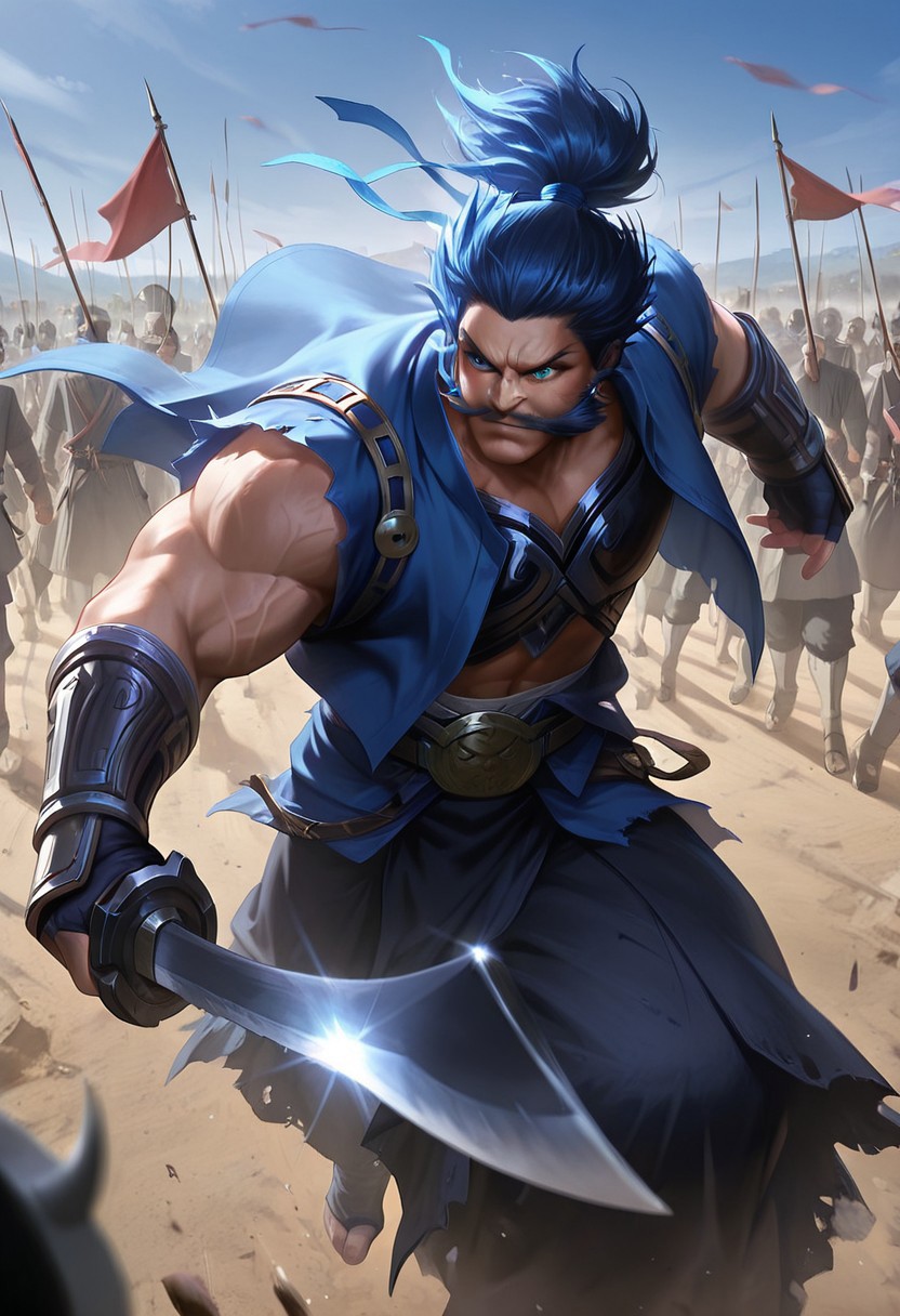 8K, In'ei, perfect depth of field shot, masterpiece, photographic realism, 8K CGI render, beautiful, sharp focus, crisp details, masterclass animation, source_anime, masterpiece,best quality, amazing quality, masterpiece, best quality,detailed, Perfect facial details, Perfect eyes, 1 male, solo, xuchu, Blue hair,blue coat, muscular, Simple waist clothing, Ancient Generals, Ancient Battlefield, Very beautiful, side view