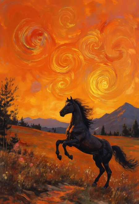 In this impressionistic painting, a vivid orange surface comes to life through intricate swirls reminiscent of a sunset. These curved patterns, outlined in golden hues, captivate with their complexity and beauty against the darker orange background. At the edge of this illuminated canvas, a somber gray mountain range rises on the horizon. a majestic black horse leaps gracefully in an open field, its movement defying gravity as it balances on its hind legs. This serene moment is further enriched by the majestic presence of a small tree with curled trunk shadows dancing across the landscape while the fiery sky of sunset casts a warm embrace over the entire scene. This harmonious blend of elements creates an immersive and emotive painting that encapsulates the beauty found in simplicity and the allure of nature's fleeting moments. ,<lora:OBä¸ä¸çºªæ²¹ç»v1.1.safetensors:1.0> ,