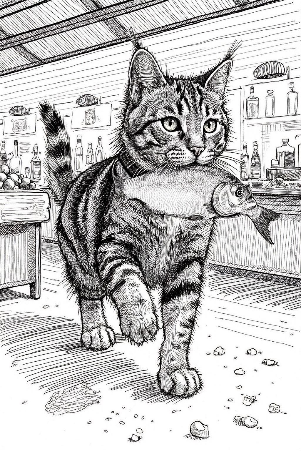 crosshatch black and white drawing of a golden tabby stealing a fish, running away in a market <lora:crosshatch1_nocap_d6a3:1.0><lora:807692841091394427:0>