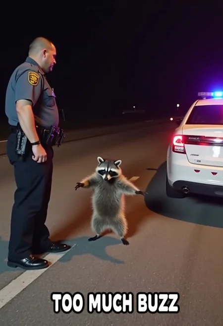 An incredibly cute raccoon has been pulled over by a police officer and is on the side of a highway performing a sobriety test. The raccoon is facing a viewer with its arms outstretched, but is falling over. The police officer looks at the raccoon with disappointment. It is night time. The police car has flashing sirens. The caption reads “TOO MUCH BUZZ”
