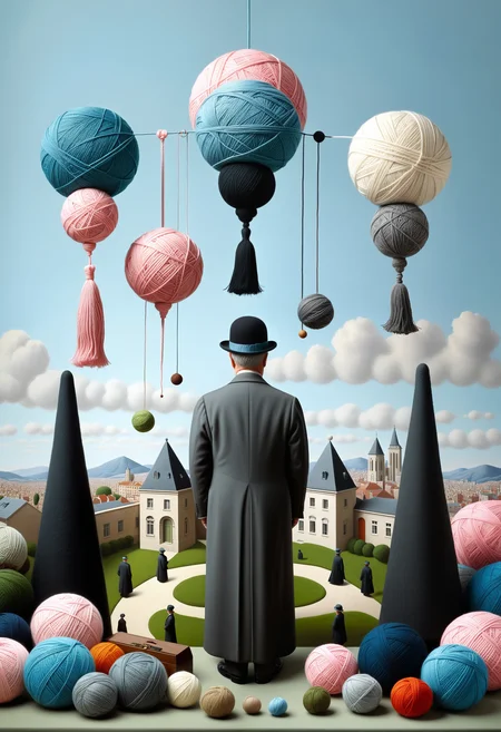 masterpiece, very aesthetic, absurdres, newest, Yarnworld, rene magritte <lora:Challenge_Winnifier:0> <lora:Yarnworld-000017:0.7>
