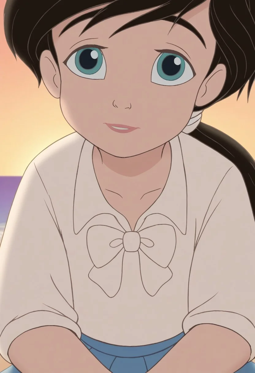 close up,melody,aqua eyes,thick eyebrowns,black hair,ponytail,white hairband,arms down,white shirt,white bowtie,blue skirt,sea,yellow sunrise beach background