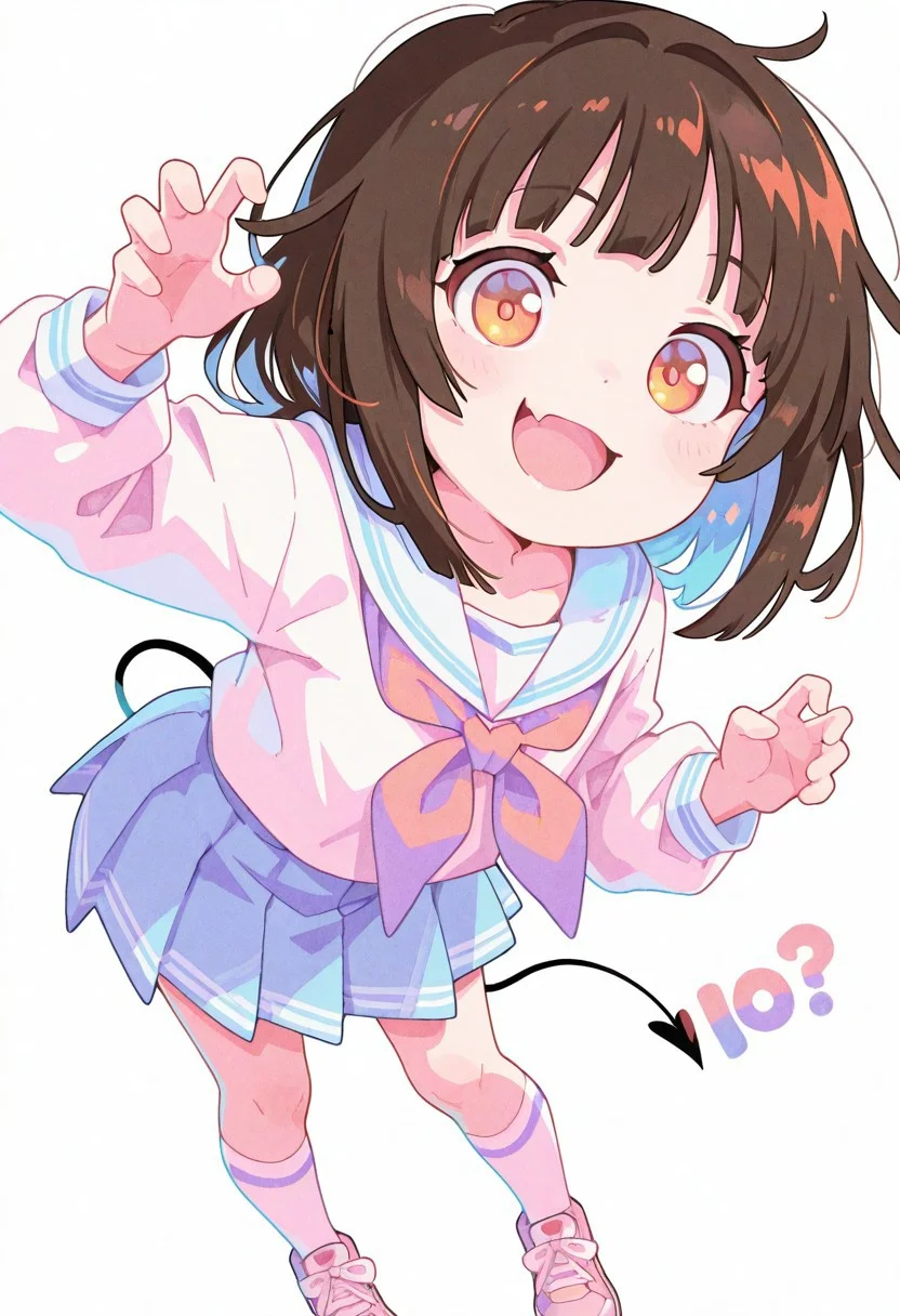 score_9, score_8_up, score_8, highly detailed, masterpiece, source_anime, cinematic light, hyper cute style, cinematic lighting, depth of field, volumetric lighting, highres, absurdres, soft pastel colors. realistic, highs details, intricate details, (hyperdetailed), high detail, best quality, very aesthetic BREAK 1girl, solo, pose, sound effects, colorful, open mouth, kneehighs, no lineart, fang, shoes, limited palette, white background, tail, socks, simple background, neckerchief, skirt, smile, masterpiece, best quality sengouku nadeko, epic composition, epic proportion, dynamic angle, foreshortening, masterpiece, best quality, amazing quality, very aesthetic, absurdres, newest, looking at viewer.