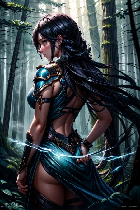 (cowboy pose:1.3), (extremely detailed:1.3), (masterpiece:1.3), ((elaborate high fantasy ecchi artwork)), (1girl, a beautiful female druid with long flowing hair:1.3), druid, (mystical mist-filled forest:1.4), blue-green gradient, gradient color realistic, (photorealistic fantasy,) (from behind), volumetric lighting, dynamic pose, dynamic angle <lora:more_details:1>, ((beautiful hands, beautiful eyes, perfect eyes, perfect hands)), (Extremely Detailed Oil Painting:1.2), glow effects, godrays, Hand drawn, render, 8k, octane render, cinema 4d, blender, dark, atmospheric 4k ultra detailed, cinematic sensual, Sharp focus, humorous illustration, big depth of field, Masterpiece, colors, 3d octane render, 4k, concept art, trending on artstation, hyperrealistic, Vivid colors, extremely detailed CG unity 8k wallpaper, trending on ArtStation, trending on CGSociety, Intricate, High Detail, dramatic