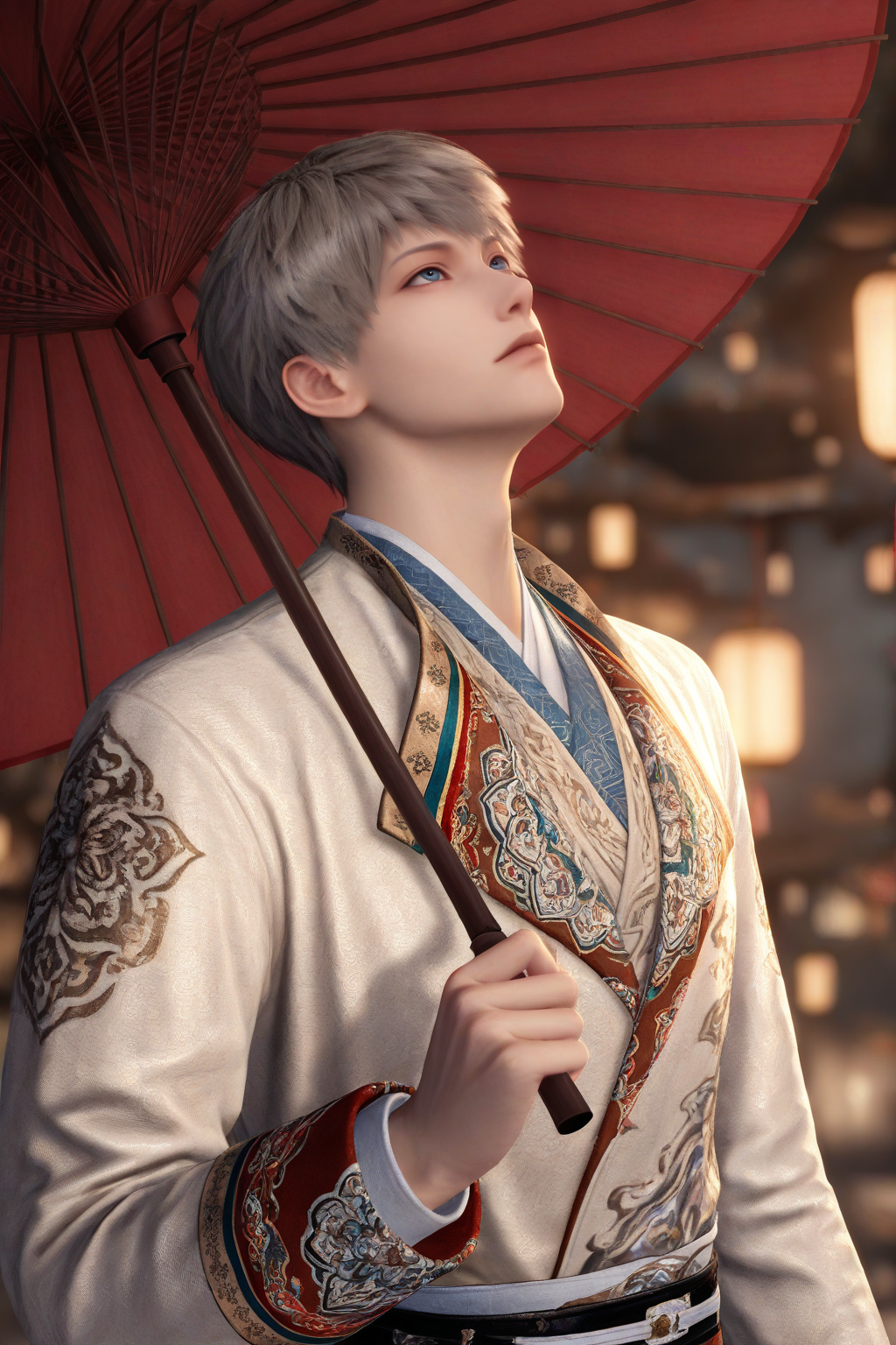 <lora:xavier-NAI:0.7>,xavier, 1boy, umbrella, male focus, solo, oil-paper umbrella, holding, blurry, blue eyes, holding umbrella, looking up, blurry background, long sleeves, red umbrella, korean clothes, upper body, depth of field, short hair, chinese clothes, grey hair,yaoi,bara,male focus,very awa,masterpiece,best quality,amazing quality,nsfw,uncersored,highres,best quality,amazing quality,best aesthetic,absurdres,