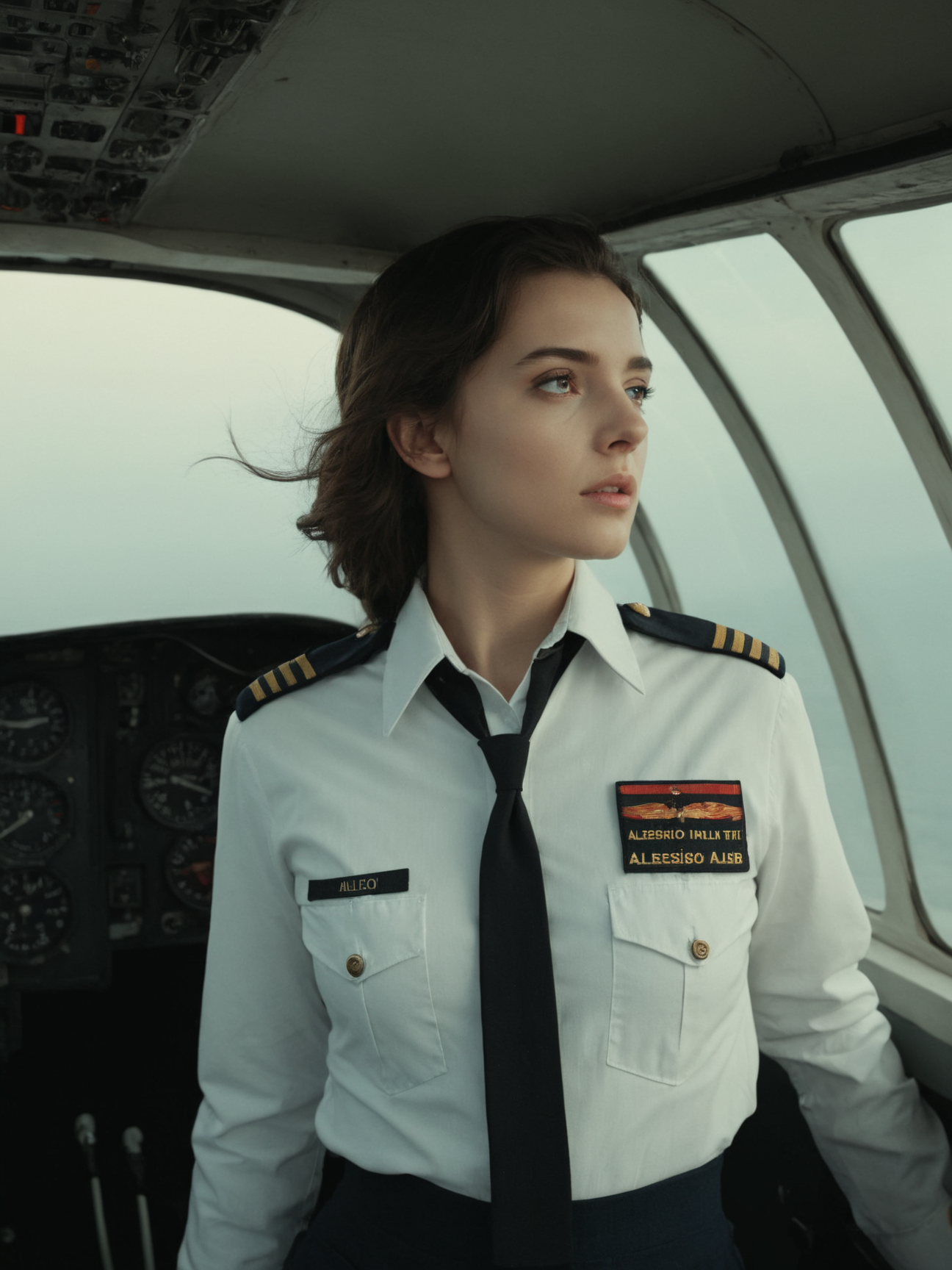 style of Alessio Albi, A fair-skinned woman, Pilot, highly detailed, Movie stills <lora:epiCPhotoXL:1>