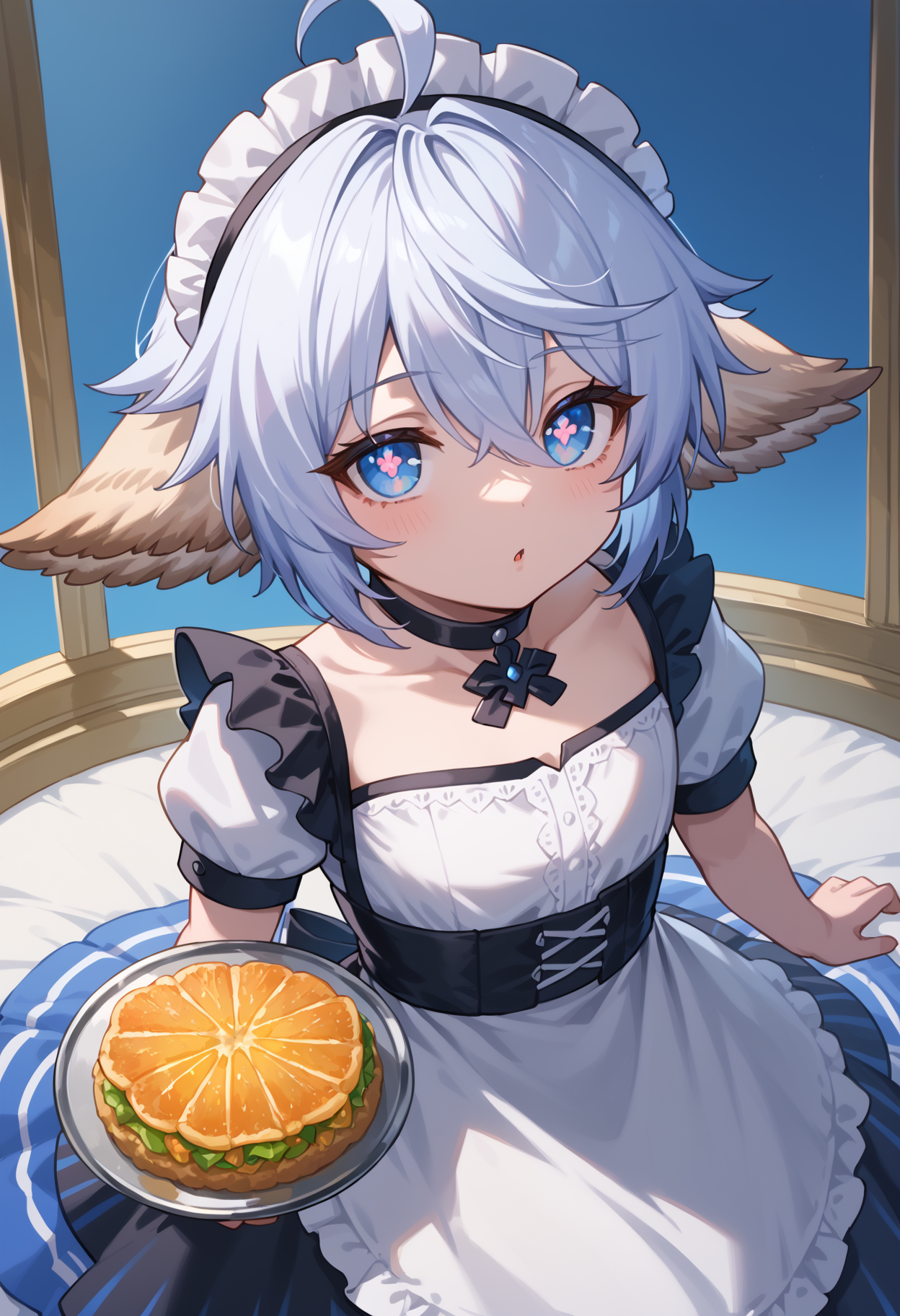 score_9_up, score_8_up,score_7_up,BREAK hd, (ultra hd quality details),best quality,masterpiece,source_anime     <lora:_wamdus_gbf-elesico-ponyA:1> gbfwam, short hair, animal ears, ahoge, blue eyes, + +, flower-shaped pupils,wamdef, white dress, wamhal, maid, maid headdress, black choker, dress, puffy short sleeves, striped thighhighs,holding tray,from above,looking up at viewer,