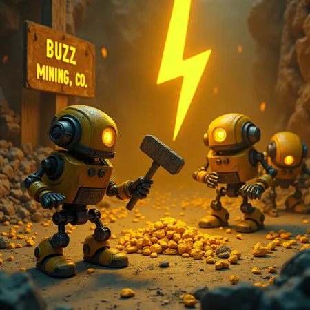 A group of robots are mining yellow lightning bolt glyphs. The robots are steampunk style crude mechanoids wielding pickaxes. The lightning bolt glyphs are scattered everywhere on the ground, poking out from the walls, and there's a pile of them in a nearby minecart. There's a sign in the background saying "BUZZ MINING CO"., volumetric light, realistic, atmospheric, cinematic, dynamic, striking, high contrast, masterpiece