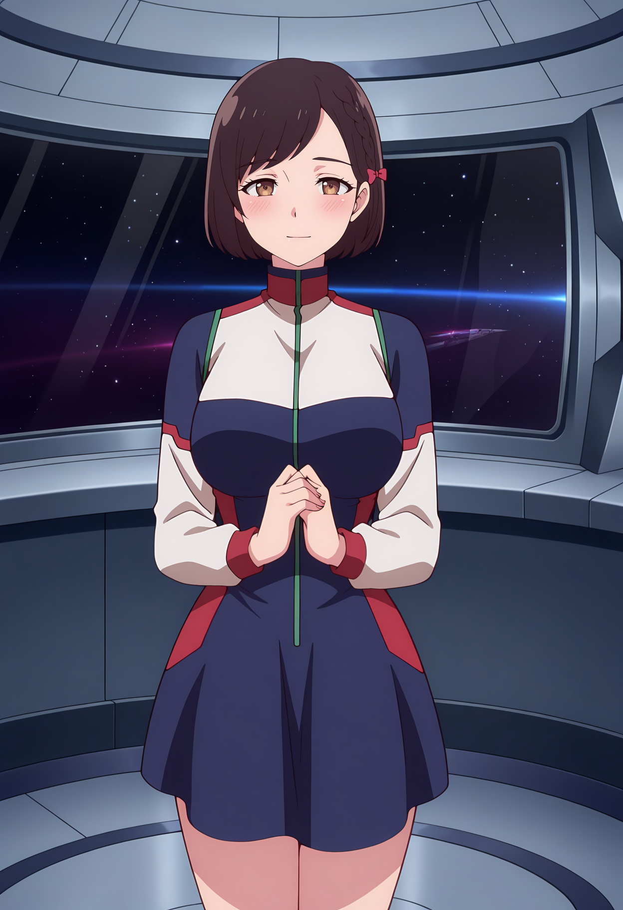 anime screencap, masterpiece, best quality,
<lora:KanataNoAstra_YunhuaLu_IlluXL:0.9>,
1girl, solo, closed mouth, light smile, blush,
hair behind ear, swept bangs, side braid, short hair, dark brown hair, brown eyes, hair bow, red bow,
short dress, multicolored dress, blue dress, long sleeves, zipper,
own hands together, standing, looking at the viewer, cowboy shot,
science fiction, indoors, window, space, spacecraft interior