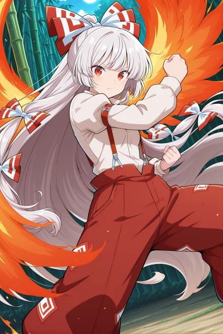 absurdres, highres, masterpiece, best quality, amazing quality, official anime artwork, screencap, anime screencap, outdoors, looking at viewer, 
 <lora:Fujiwara-no-Mokou_IllustriousV2:1> fujiwara no mokou, 1girl, solo, red eyes, white hair, very long hair, small breasts,, hair bow, white bow, white shirt,  long sleeves, suspenders, red pants, bamboo forest, fire, aura, fire wings, phoenix, fire bird, serious, fighting stance, fire fist,