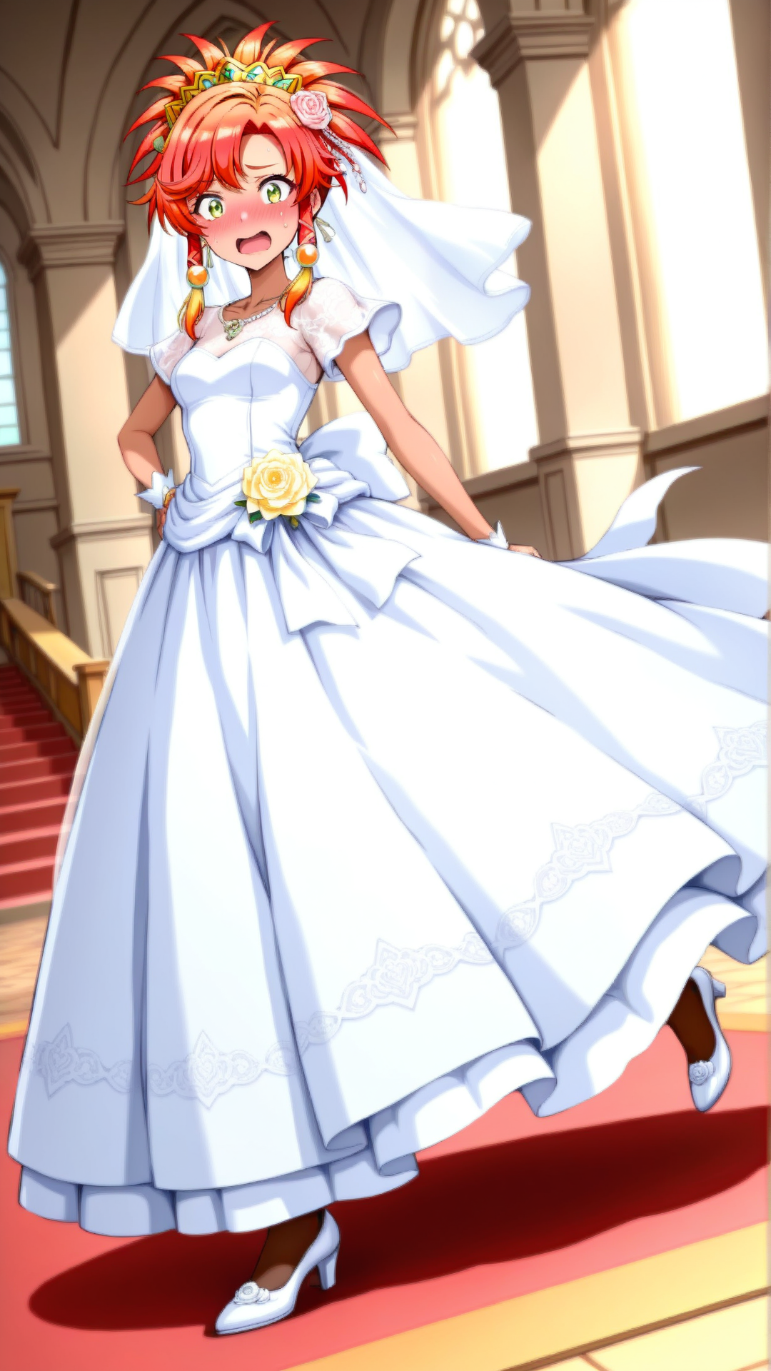 source_anime, general, best quality, masterpiece, 1girl,  <lora:Ogniana_ill_v1.0:1> ogniana,dark skin, red hair,headdress, hair ornament, wedding dress,chapel, dynamic pose, dutch angle, flustered, embarrassed,  full body,
