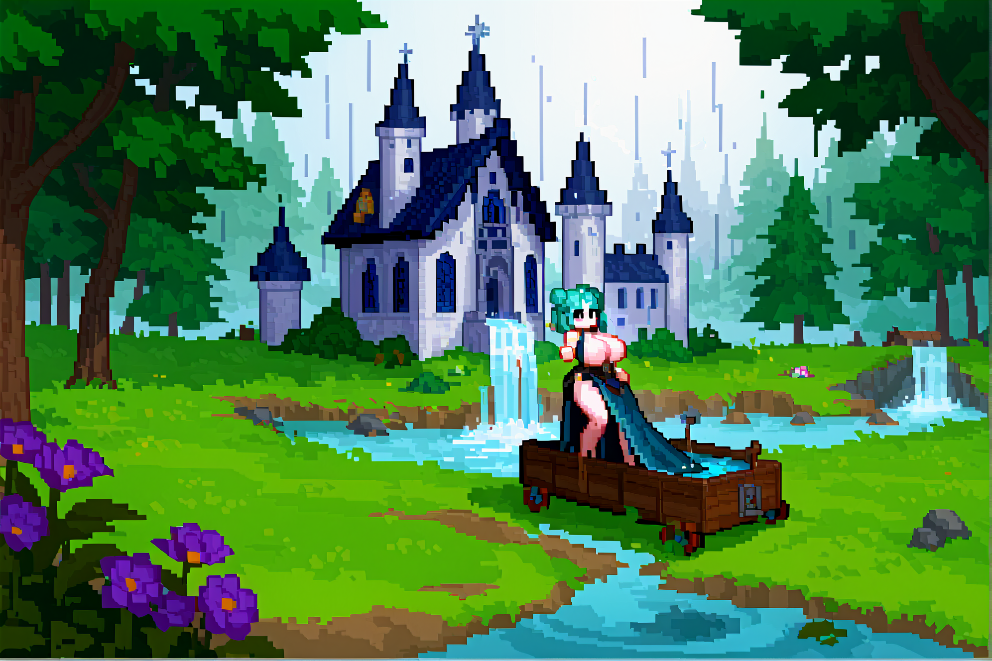 score_9, score_8_up, score_8, 1girl, solo, pixel art, 1girl, older woman, black eyes, aqua hair, medium hair, double bun, asymmetrical bangs, gothic dress, huge breasts, sideboob, happy, anorexic, colored skin, silver skin, full body, medieval village, medieval castle, castle, trees, waterfalls, mist, smoke, chimney, rain, wet, pristine, puddles, waterfall, melting, dripping, snow, creek, lush, ice, bridge, cart, orange, green, stained glass, forest, flowers , <lora:DungeonSquadStylePony-Regular:1>