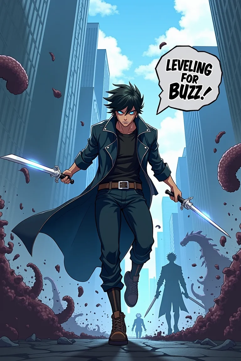 Depict a highly dynamic action scene in the streets of Seoul, styled after the Korean manhwa Solo Leveling. The protagonist, hunter Sung Jinwoo, is mid-battle, wielding his iconic two daggers—one in each hand—slashing through towering monsters with incredible speed and power. His expression is fierce, with glowing blue eyes as he unleashes his abilities. The background features a modern, urban Seoul skyline, with buildings slightly damaged from the intense fight. Dark, shadowy creatures swarm around him, but Sung Jinwoo stands as the central focus. A comic-style speech bubble reading 'Leveling for Buzz' features prominently in the scene, matching the energetic, intense atmosphere of the battle.