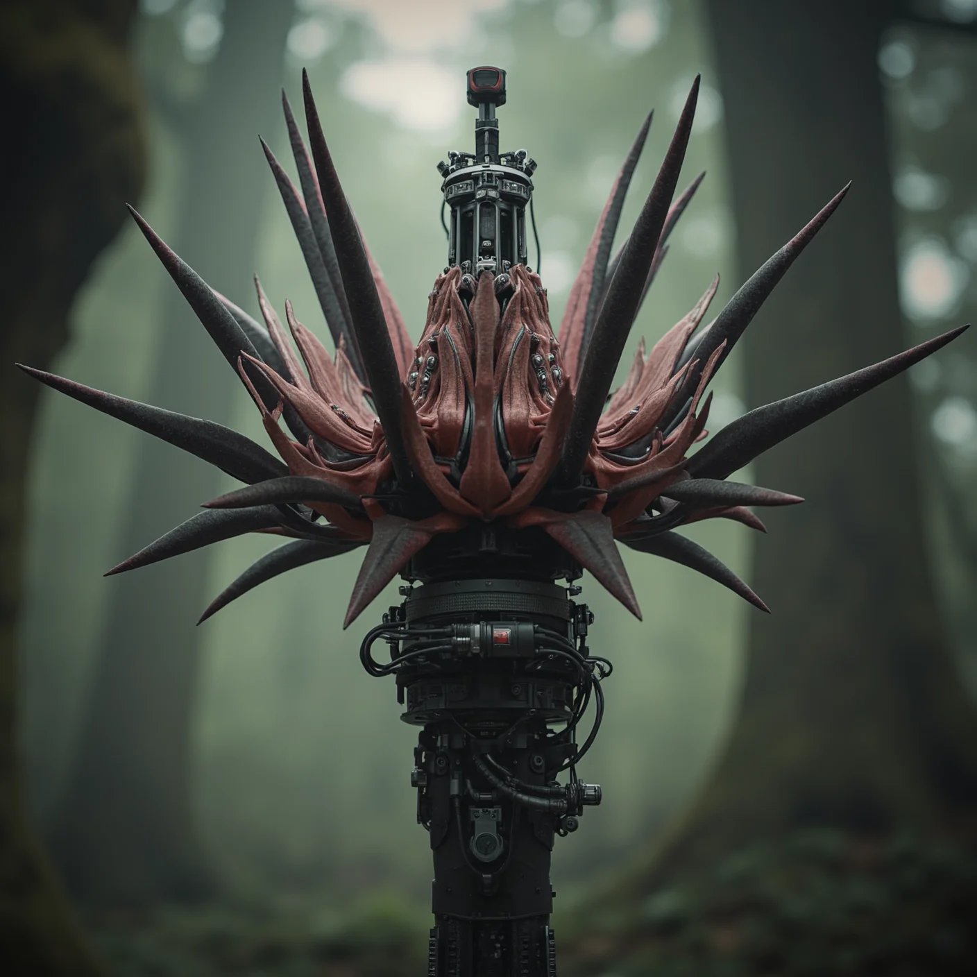 a mechanized carnivorous flower opening in slow, deliberate motion, petals made from sharp-edged composite blades with jointed hinges and exposed actuators, pistil housing a rotating sensor turret with micro-antennae, thick stem reinforced with armor plates and internal hydraulics, soft mist exhaling from vents as it moves, background is a hostile alien forest of other mechanized flora, dim backlight emphasizes silhouette, photoreal, terrifyingly elegant
mg-mk.1
