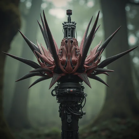 a mechanized carnivorous flower opening in slow, deliberate motion, petals made from sharp-edged composite blades with jointed hinges and exposed actuators, pistil housing a rotating sensor turret with micro-antennae, thick stem reinforced with armor plates and internal hydraulics, soft mist exhaling from vents as it moves, background is a hostile alien forest of other mechanized flora, dim backlight emphasizes silhouette, photoreal, terrifyingly elegant
mg-mk.1
