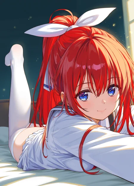 score_9, score_8_up, score_7_up, masterpiece, best quality, absurdres, official art, official style, anime screencap, megami magazine, zPDXL2, zPDXLxxx, <lora:Shiratori Mikoto (In'youchuu Chiroku ver) Pony v1_epoch_10:0.7>, 1girl, solo focus, shiratori_mikoto, large breasts, BREAK, (blue eyes:1.1), BREAK, red hair, long hair, ponytail, sidelocks, bangs, BREAK, hair ribbon, white ribbon with blueline, BREAK, school uniform, capelet, white jacket with black sideline, BREAK, red ribbon, BREAK, white skirt with black lining, pleated skirt, sawtooth hem, BREAK, (white thighhighs:1.2), BREAK, <lora:neg4all_bdsqlsz_xl_V91:1.0> <lora:ALTXL_pony_0061_8:2.0>, <lora:detailed_hands-000002:1>, hand bedroom, on bed, bed sheet, morning, dim lighting, light particles, on stomach, from side closed eyes, smile, looking at viewer,