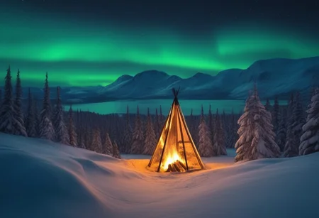 Beautiful scenic view of winter mountains and a christmas forest. Christmas pine trees with Christmas lights. campfire. Northern lights, aurora borealis