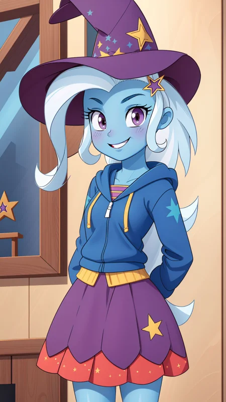 (masterpiece, best quality:1.2),<lora:mlp_trixie-10:1>,cowboy shot,solo,1girl,mlptrixie,colored skin,blue skin,smile,looking at viewer,arms behind back,star hair ornament,witch hat,blue hoodie,purple skirt,