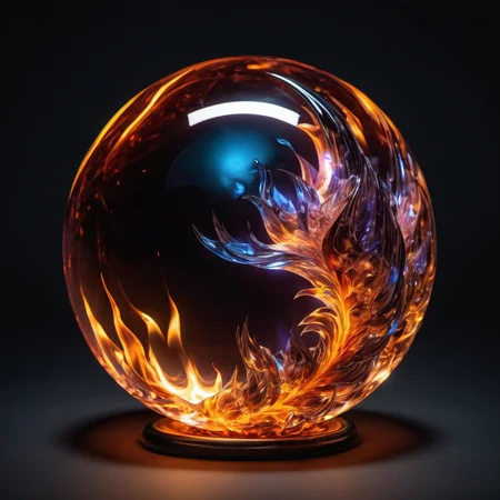 A beautiful translucent orb made of fire, crystal burning, time distortion, high quality