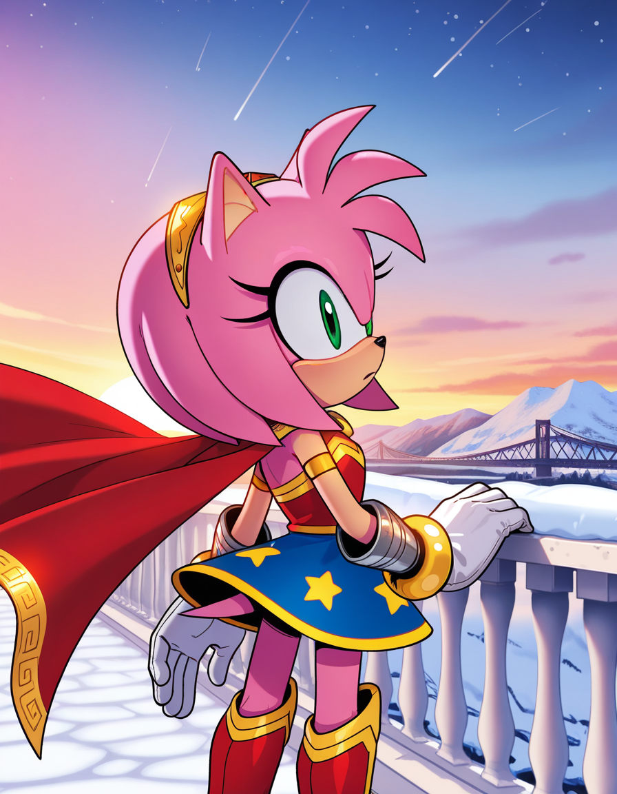 1girl, solo, no humans, petite, official art,
<lora:WonderAmy_v1:0.8> wonderamy, alternate costume, amy rose, gold trim, red cape, white gloves, bracer, gold hairband, blue skirt, sleeveless, breastplate, armored boots, star \(symbol\), star print, bare shoulders, armlet, miniskirt, gold brooch, brooch, red shirt, gold bracelet, tail through clothes,
(medium shot), crossing a snowy bridge, detailed face, located in a winter scene at a frosty winter carnival during sunset with frosty weather, illuminated by soft twilight glow, creating a bright,festive atmosphere, extremely detailed, highres, masterpiece, best quality