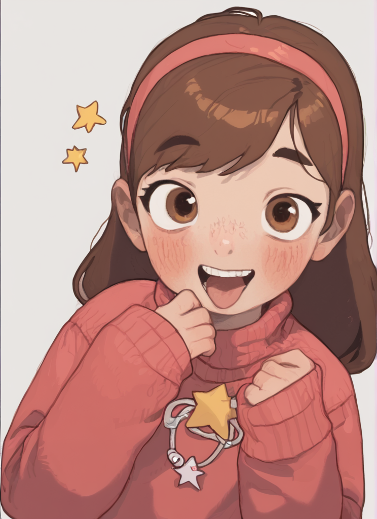 score_9,score_8_up,score_7_up <lora:possummachinexl:1.1>possummachine_style ,  1girl, solo, long hair, looking at viewer, blush, smile, open mouth, simple background, brown hair, long sleeves, white background, brown eyes, upper body, hairband, teeth, tongue, star (symbol), sweater, sleeves past wrists, turtleneck,  teeth, sleeves past fingers, cropped torso, red sweater, pink sweater , mabel pines ,(Braces:0.6)