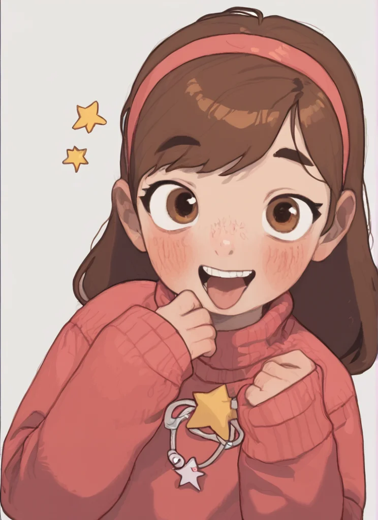 score_9,score_8_up,score_7_up <lora:possummachinexl:1.1>possummachine_style , 1girl, solo, long hair, looking at viewer, blush, smile, open mouth, simple background, brown hair, long sleeves, white background, brown eyes, upper body, hairband, teeth, tongue, star (symbol), sweater, sleeves past wrists, turtleneck, teeth, sleeves past fingers, cropped torso, red sweater, pink sweater , mabel pines ,(Braces:0.6)